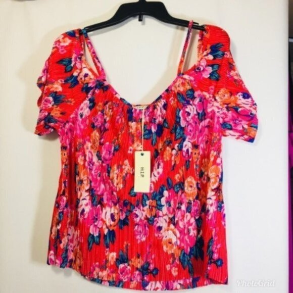 H.I.P. Womens Pink Floral Cold Shoulder Short Sleeve Crinkle Blouse Sz XS New - Picture 5 of 9